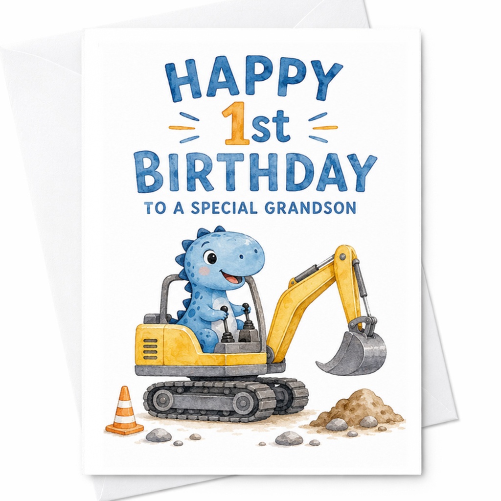 Happy 1st Birthday To A Special Grandson Card Cute Dinosaur Excavator Theme Birthday Card For Grandson First Birthday Celebration C2565