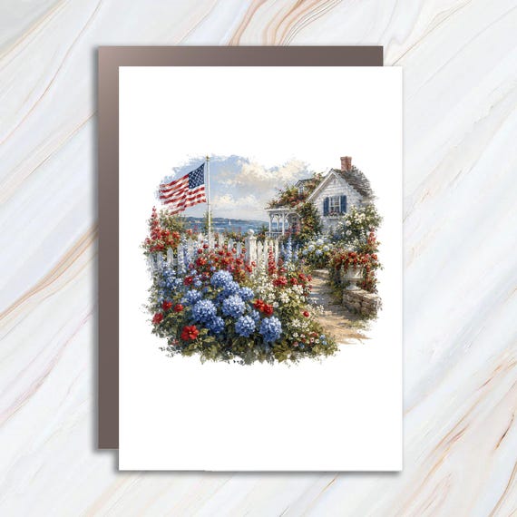 Patriotic Coastal Cottage Fourth of July Card, American Flag Floral Garden Greeting Card, Americana Summer Celebration Card JC1