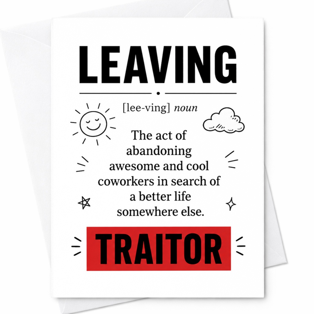 Leaving The Act Of Abandoning Awesome Coworkers Funny Farewell Card For Colleague Goodbye Traitor Humorous Office Leaving Card C2597