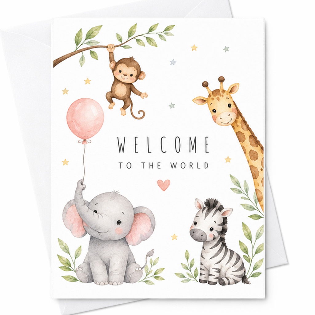 Welcome To The World Cute Newborn Greeting Card Baby Shower Card With Elephant Giraffe Zebra Monkey For New Parents Grandchildren C2609