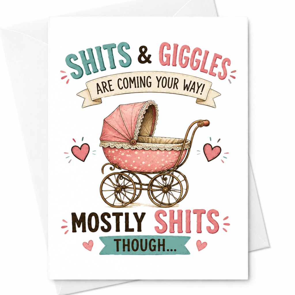 Shits & Giggles Are Coming Your Way! Mostly Shits Though Funny Baby Shower Card New Parents Expecting Mom Dad Cute C2616