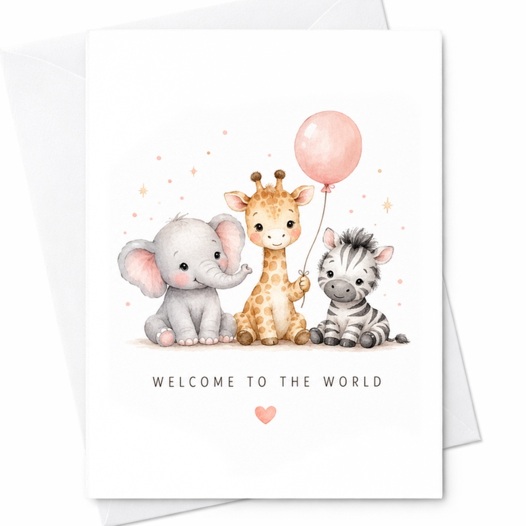 Welcome To The World New Baby Card Cute Watercolor Animals Design For New Parents Baby Shower Card Adorable Keepsake Gift C2608