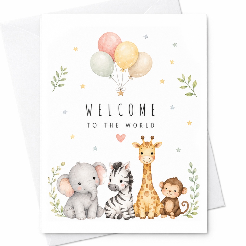 Welcome To The World Newborn Congratulations Card Cute Baby Animals Birth Announcement Card For New Parents Baby Shower Gift C2610