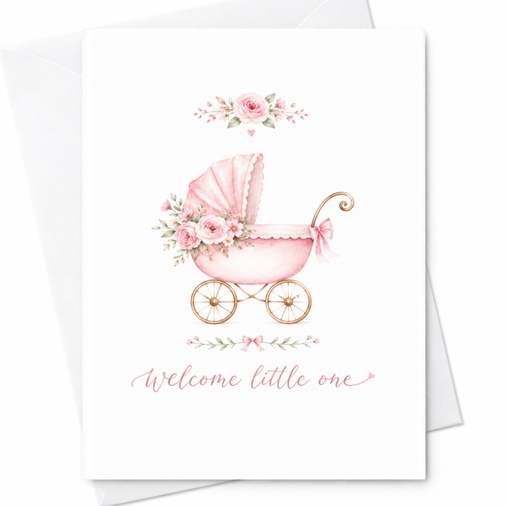 Welcome Little One Baby Shower Card Newborn Greeting Card For New Parents Cute Baby Carriage New Arrival Card C2619