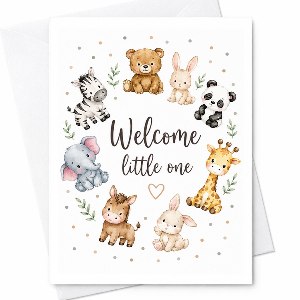 Welcome Little One Baby Shower Card Cute Animal Theme Newborn Greeting Card For New Parents Adorable Baby Arrival Celebration C2625