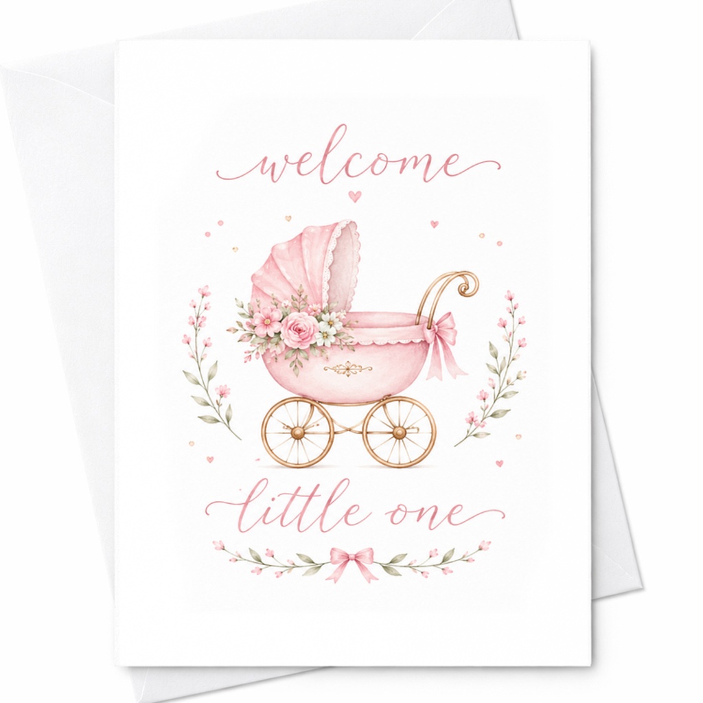 Welcome Little One Baby Shower Card Cute Pink Floral Pram Newborn Celebration Greeting Card For New Parents Adorable C2620