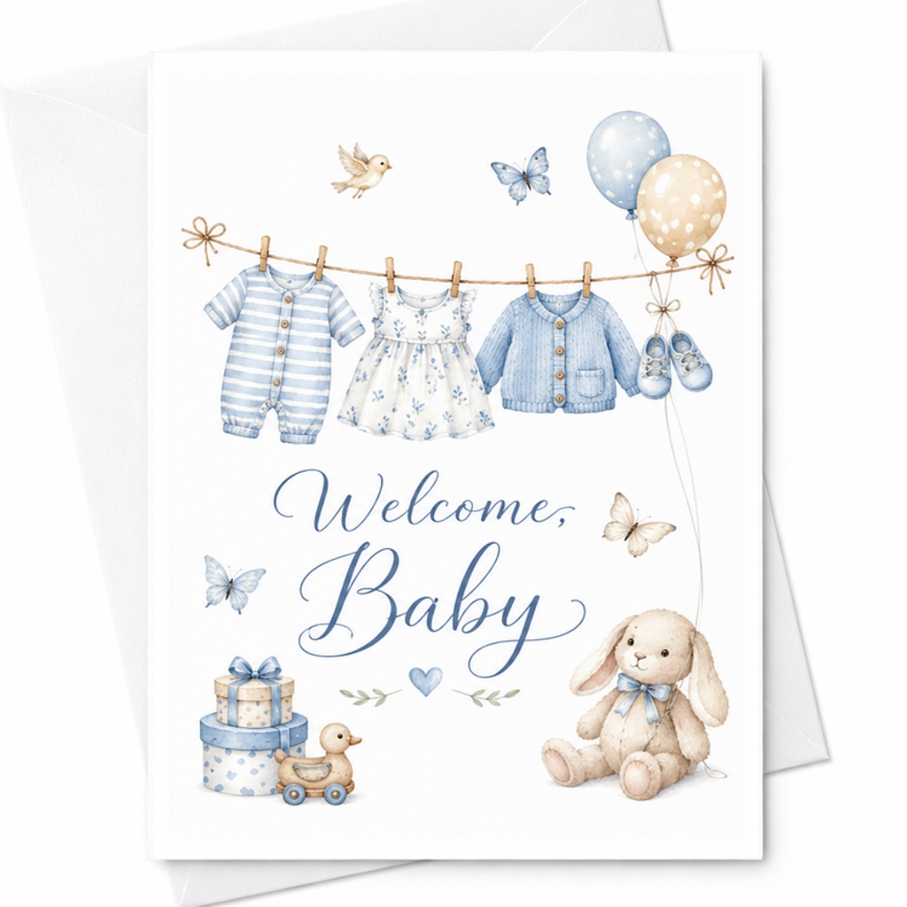 Welcome Baby New Baby Card Cute Baby Shower Greeting Card For New Parents Adorable Baby Clothes With Balloons And Toys C2634