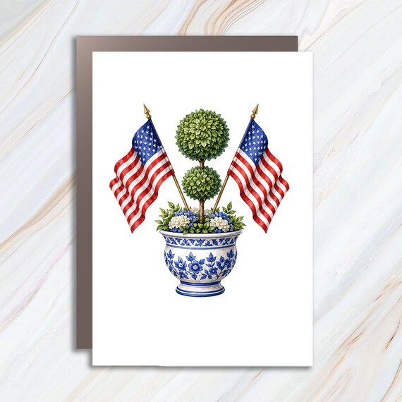 Patriotic American Flag Topiary Greeting Card Red White Blue Independence Day Card JC19