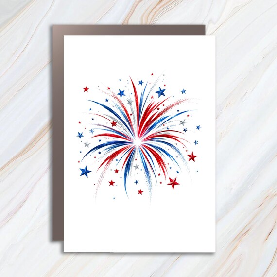 Patriotic Fireworks Burst Greeting Card, Red White and Blue Independence Day Celebration Card, Fourth of July Card JC20