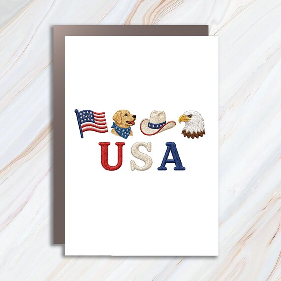 Patriotic USA Embroidery Style Greeting Card, American Flag Eagle Cowboy Hat Dog Fourth of July Card JC21