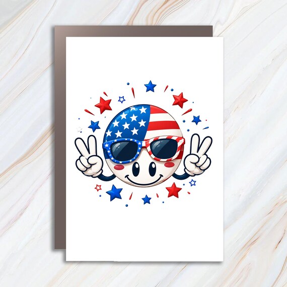 Cute Patriotic Smiley Face Greeting Card, American Flag Sunglasses Fourth of July Celebration Card JC25