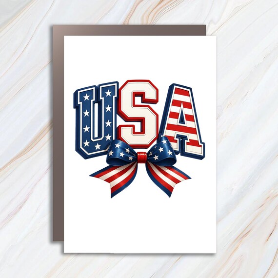 Patriotic USA Bow Greeting Card, Red White and Blue America Pride Card, Fourth of July Celebration Card, USA Lover Gift Card JC27