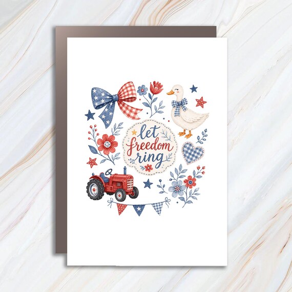 Let Freedom Ring Patriotic Farmhouse Greeting Card, Americana Duck Tractor Fourth of July Country Decor Card JC22