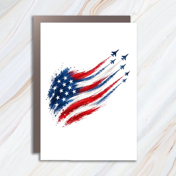 Patriotic American Flag Jet Flyover Greeting Card, USA Air Force Inspired Fourth of July Celebration Card JC23