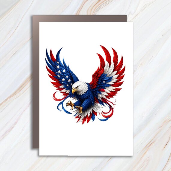 Patriotic Bald Eagle Wings Greeting Card, Red White and Blue American Freedom Eagle Fourth of July Card JC24