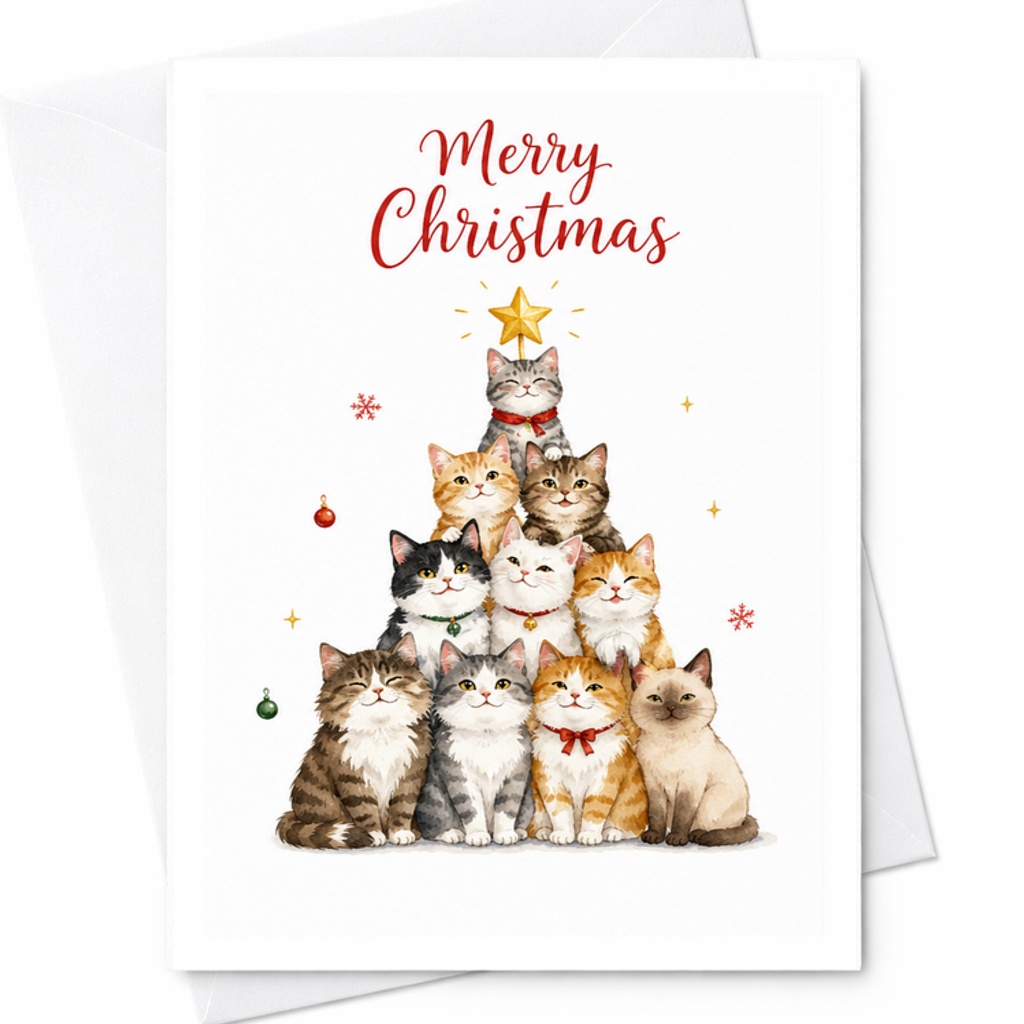 Merry Christmas Cute Cat Tree Christmas Card Adorable Holiday Greeting Card For Cat Lovers Family Friends Festive Season C2661