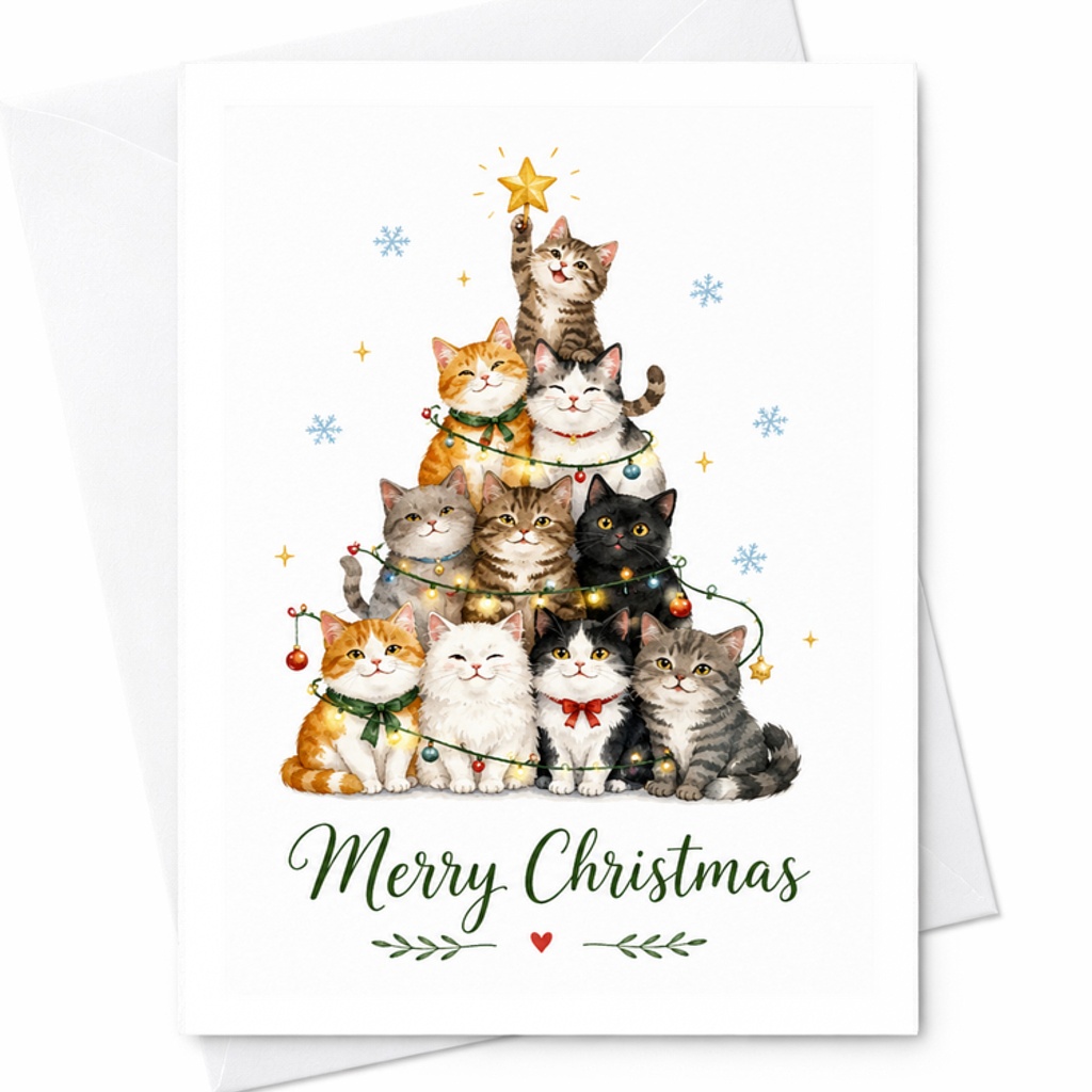 Merry Christmas Cute Cat Tree Christmas Card Funny Holiday Greeting Card For Cat Lovers Adorable Festive Cats Includes Envelope C2662