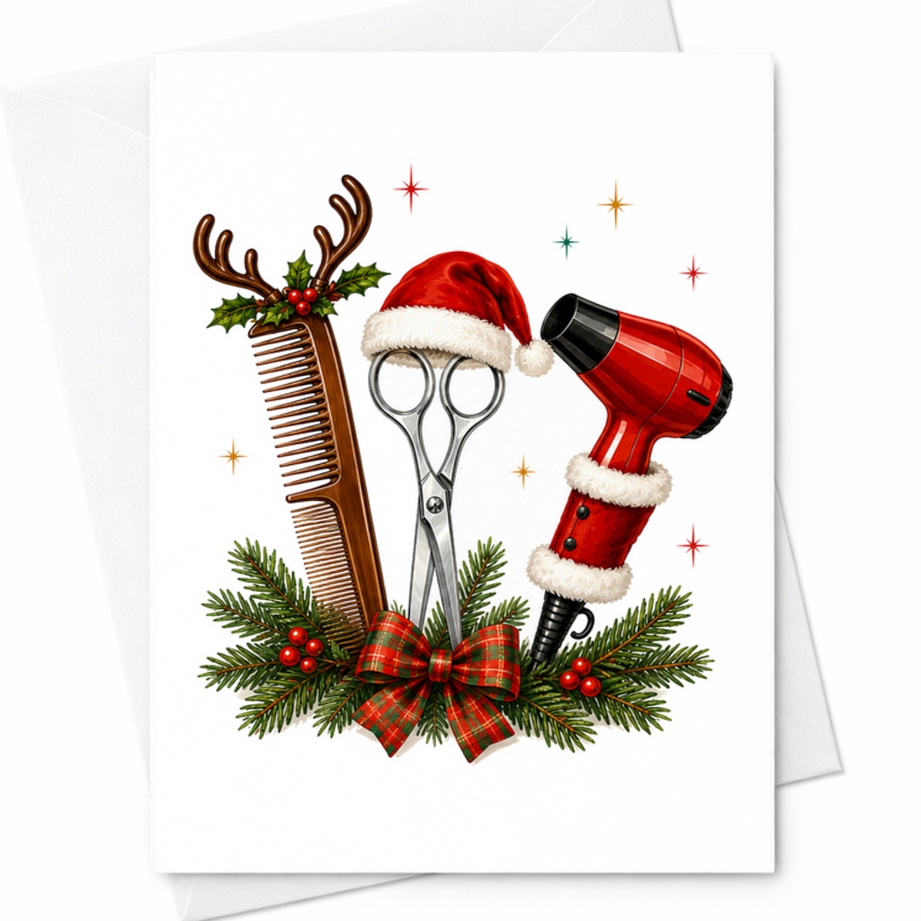 Christmas Hair Stylist Card, Salon Christmas Card With Hair Dryer Scissors And Comb, Holiday Card For Hairdresser C2669