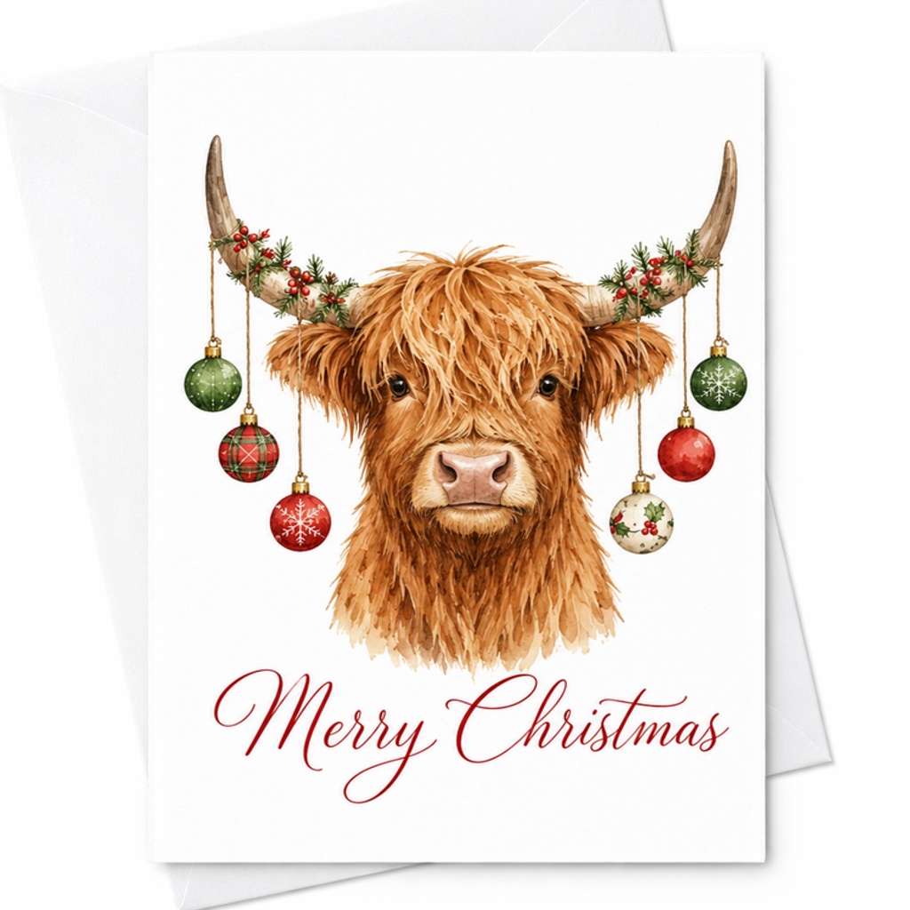 Merry Christmas Cute Highland Cow Christmas Card Festive Holiday Greeting Card With Ornaments For Family And Friends C2675