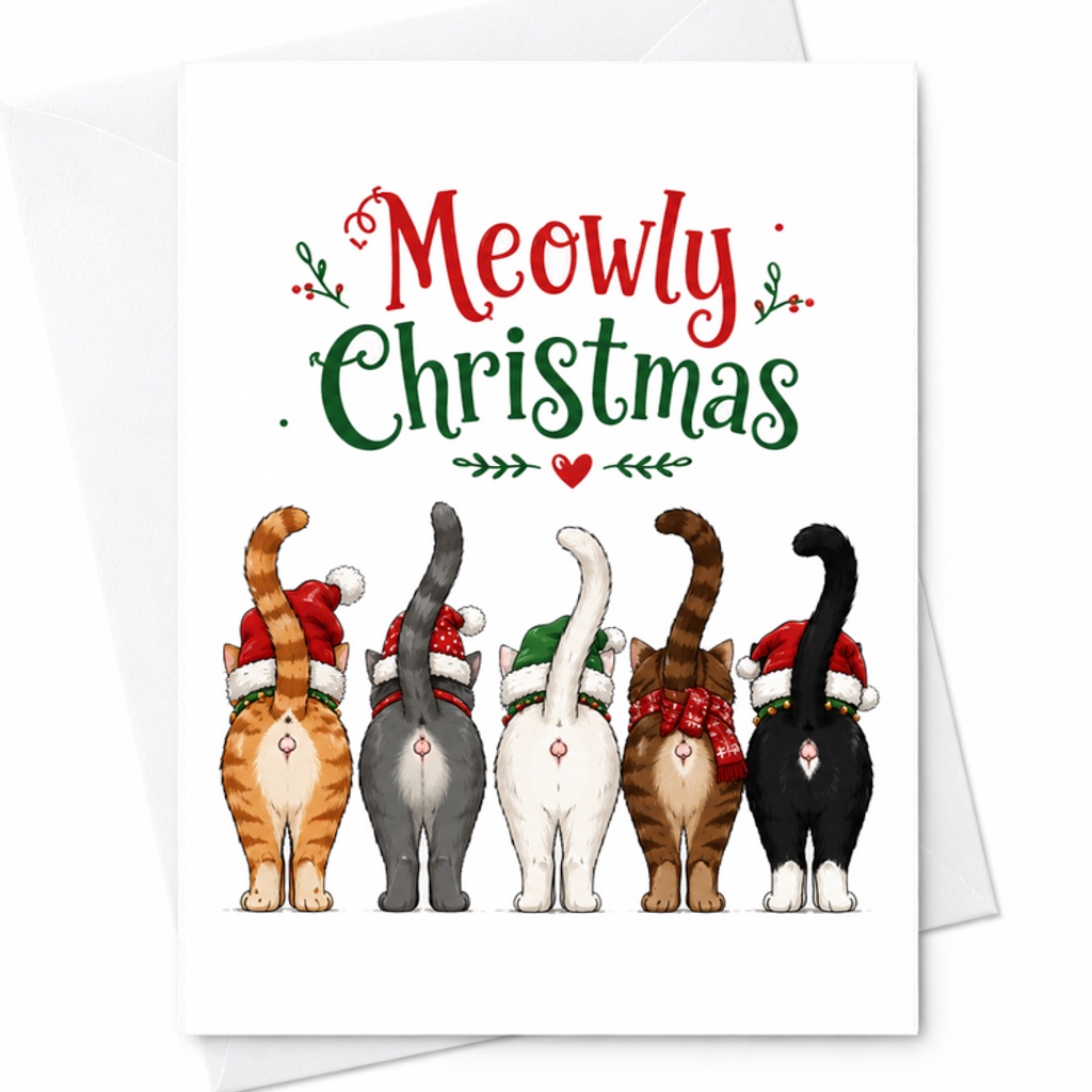 Meowly Christmas Cute Cat Christmas Card Funny Holiday Greeting Card For Cat Lovers Adorable Festive Cats Xmas Card C2677