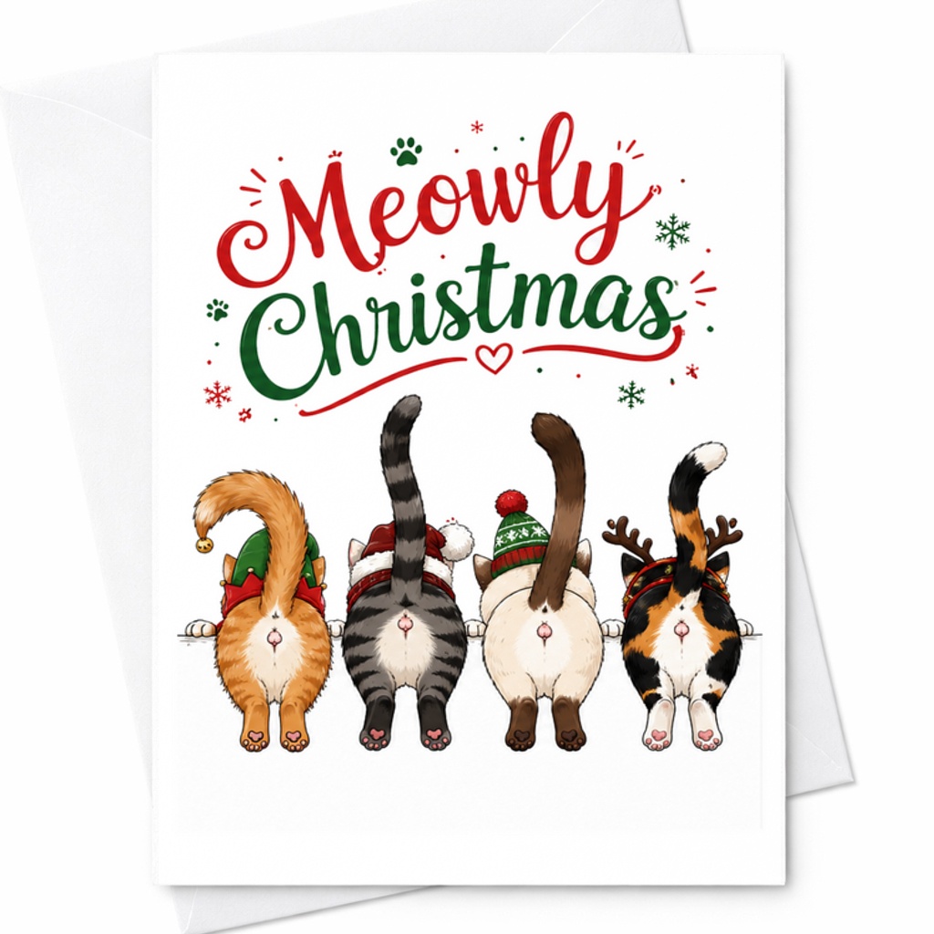 Meowly Christmas Cute Cat Christmas Card Funny Holiday Greeting Card For Cat Lovers Adorable Festive Cats Xmas Card C2678