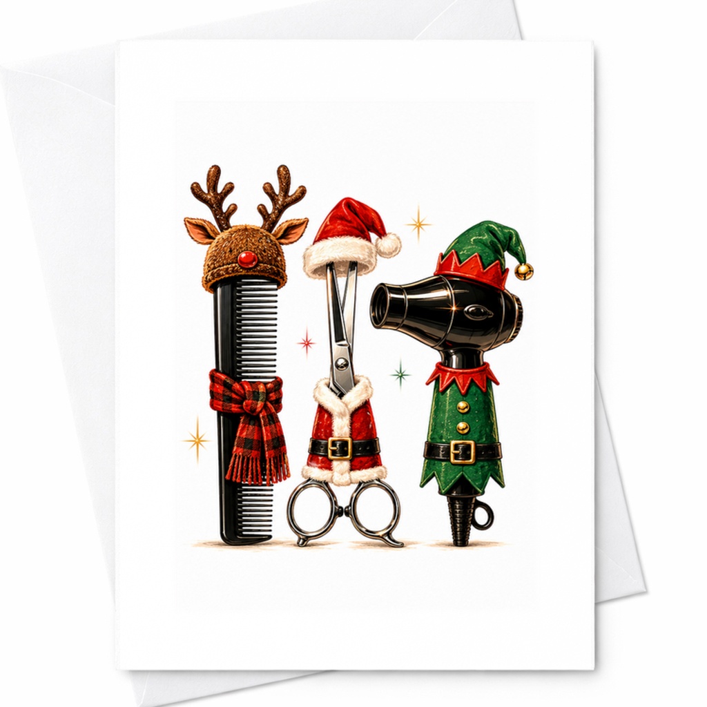Christmas Hairdresser Thank You Card Holiday Card For Barbers Hair Stylists Festive With Comb Scissors Blow Dryer C2679