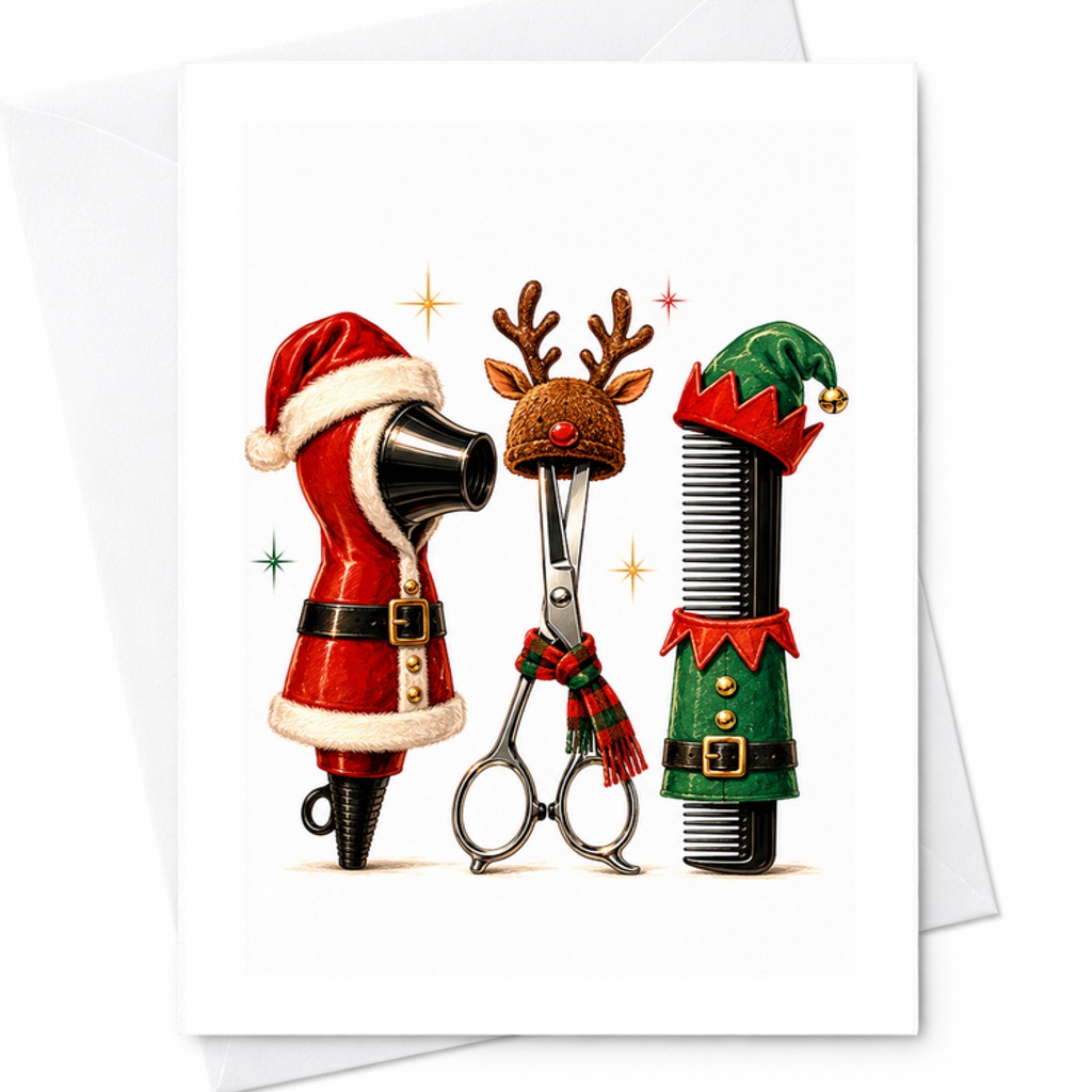 Christmas Hair Stylist Card, Salon Christmas Card With Hair Dryer Scissors And, Holiday Card For Hairdresser C2680