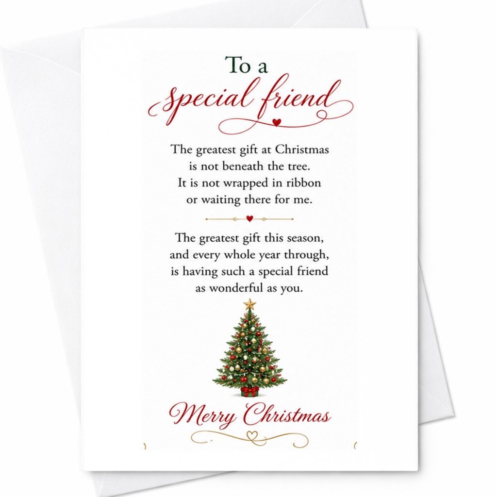 To A Special Friend Merry Christmas Card Sentimental Holiday Greeting For Best Friend Snowflake Glitter Tree Art Poem C2659