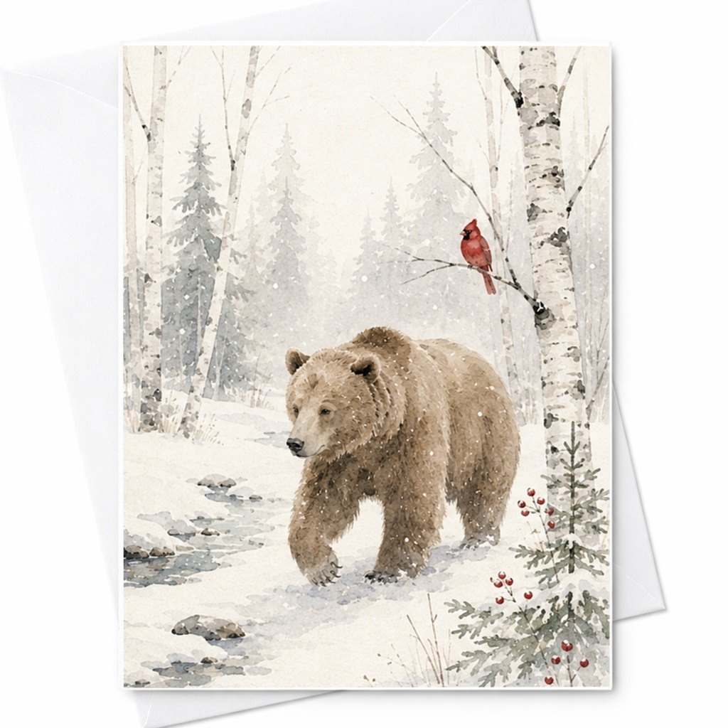 Winter Bear Christmas Card, Woodland Holiday Card With Cardinal Birds And Snowy Birch Forest, Nature C2690