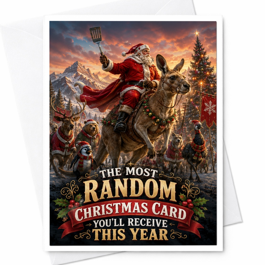 The Most Random Christmas Card You'll Receive This Year Funny Holiday Greeting Card Santa Riding Kangaroo Xmas C2692