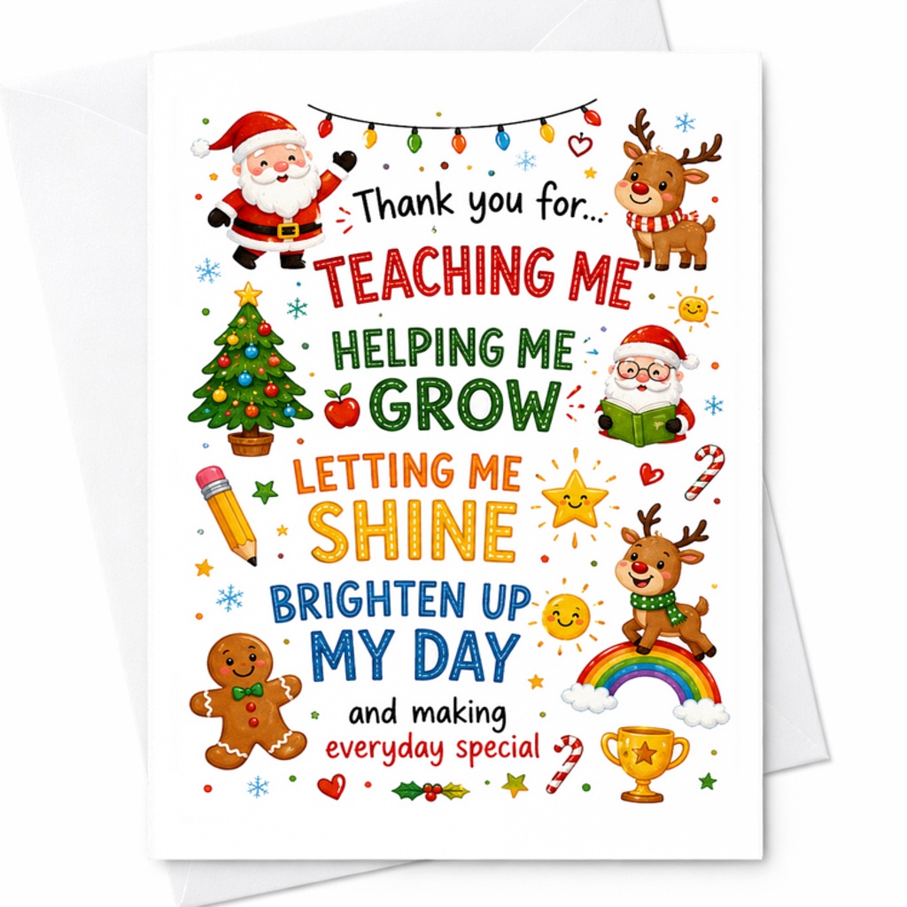 Thank You For Teaching Me Helping Me Grow Letting Me Shine Christmas Card Holiday Greeting Card For Family Friends Cute C2693