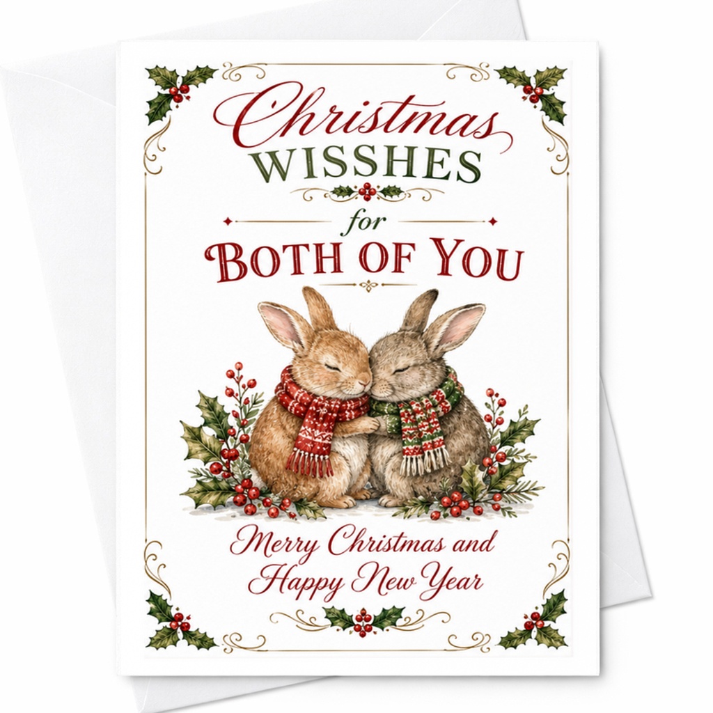 Christmas Wishes For Both Of You Christmas Card Cute Bunnies Merry Christmas And Happy New Year Festive Holiday Greeting C2663