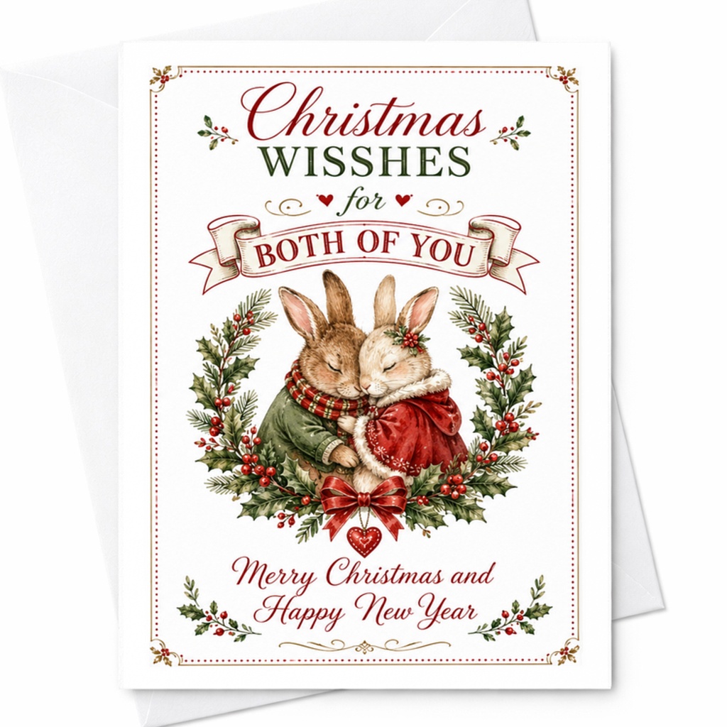 Christmas Wishes For Both Of You Merry Christmas And Happy New Year Card Festive Holiday Greeting Card Cute Bunny Couple C2664