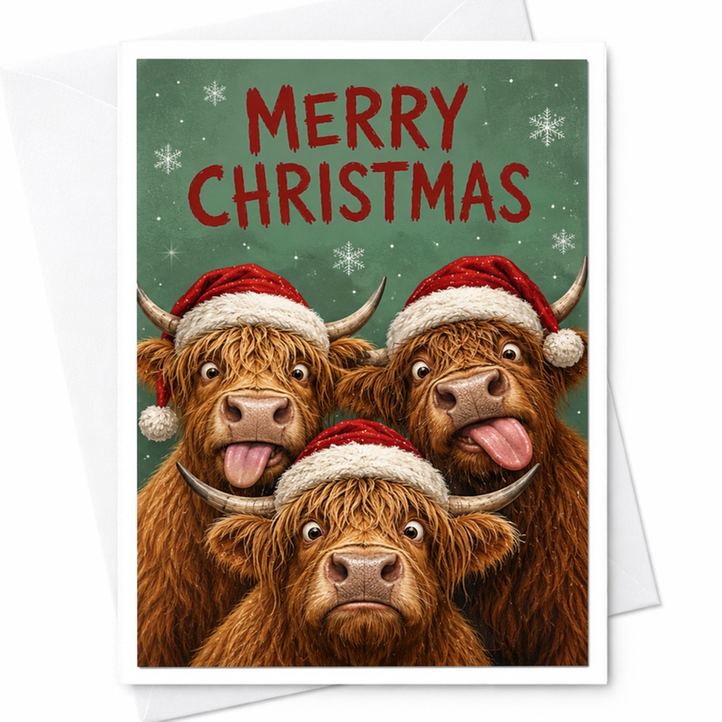 Merry Christmas Funny Christmas Card Cute Highland Cows Holiday Greeting Card For Family Friends With Santa Hats C2698