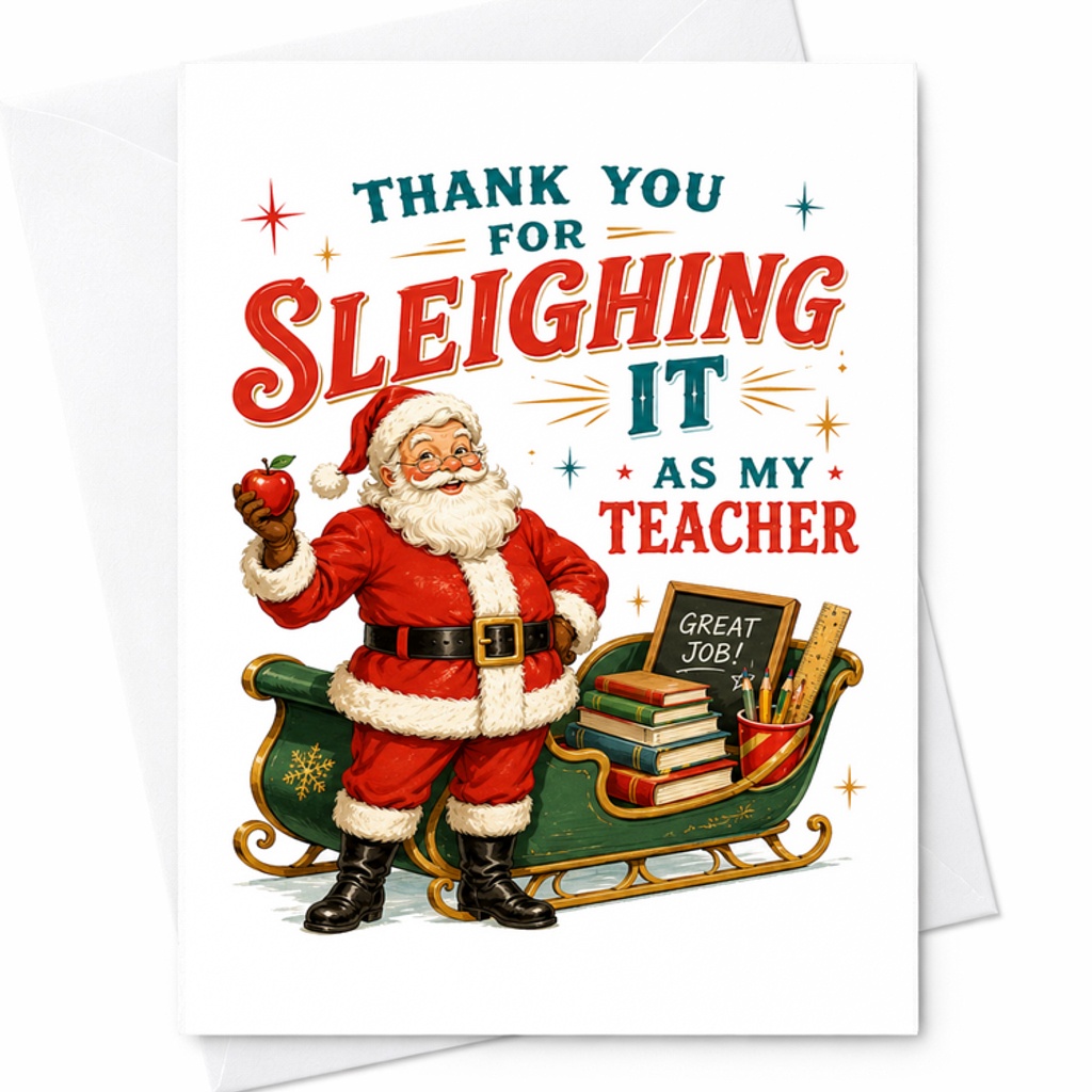 Thank You For Sleighing It As My Teacher Christmas Card Funny Holiday Greeting For Teachers Santa Sleigh Festive Appreciation C2667
