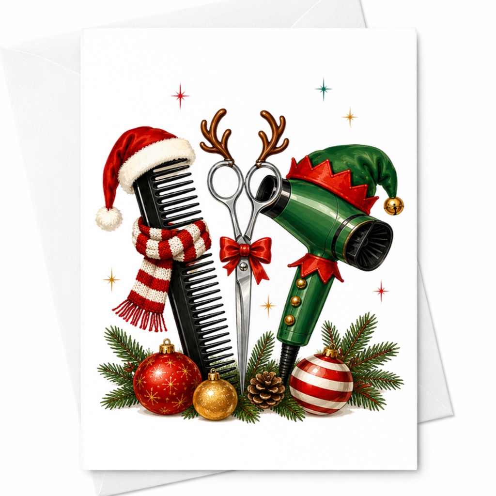Christmas Hair Stylist Card, Salon Christmas Card With Hair Dryer Scissors And Comb, Holiday For Hairdresser C2670