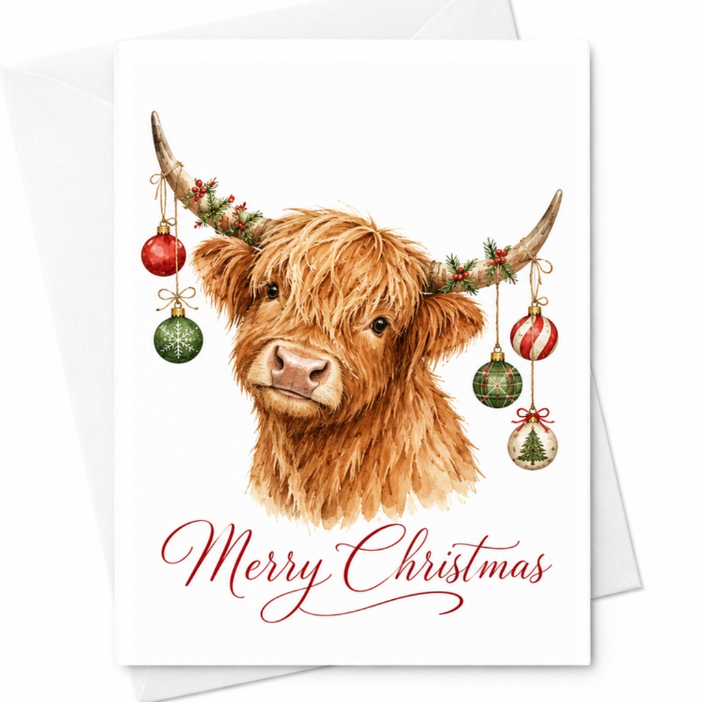 Merry Christmas Cute Highland Cow Card Christmas Card Adorable Animal Holiday Greeting Card Festive Season Card For Her C2676