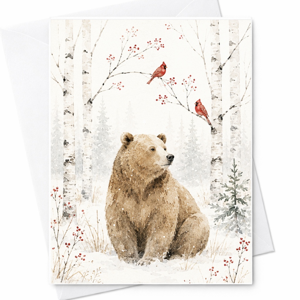 Winter Bear Christmas Card, Woodland Holiday Card With Cardinal Birds And Snowy Birch Forest, Nature Card C2689