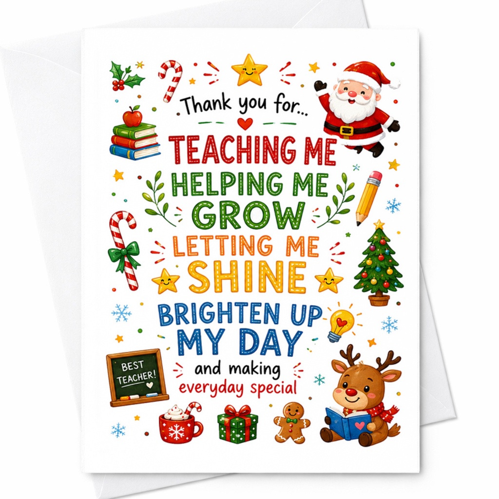 Thank You For Teaching Me Helping Me Grow Letting Me Shine Christmas Card Best Teacher Holiday Appreciation Greeting Card C2694