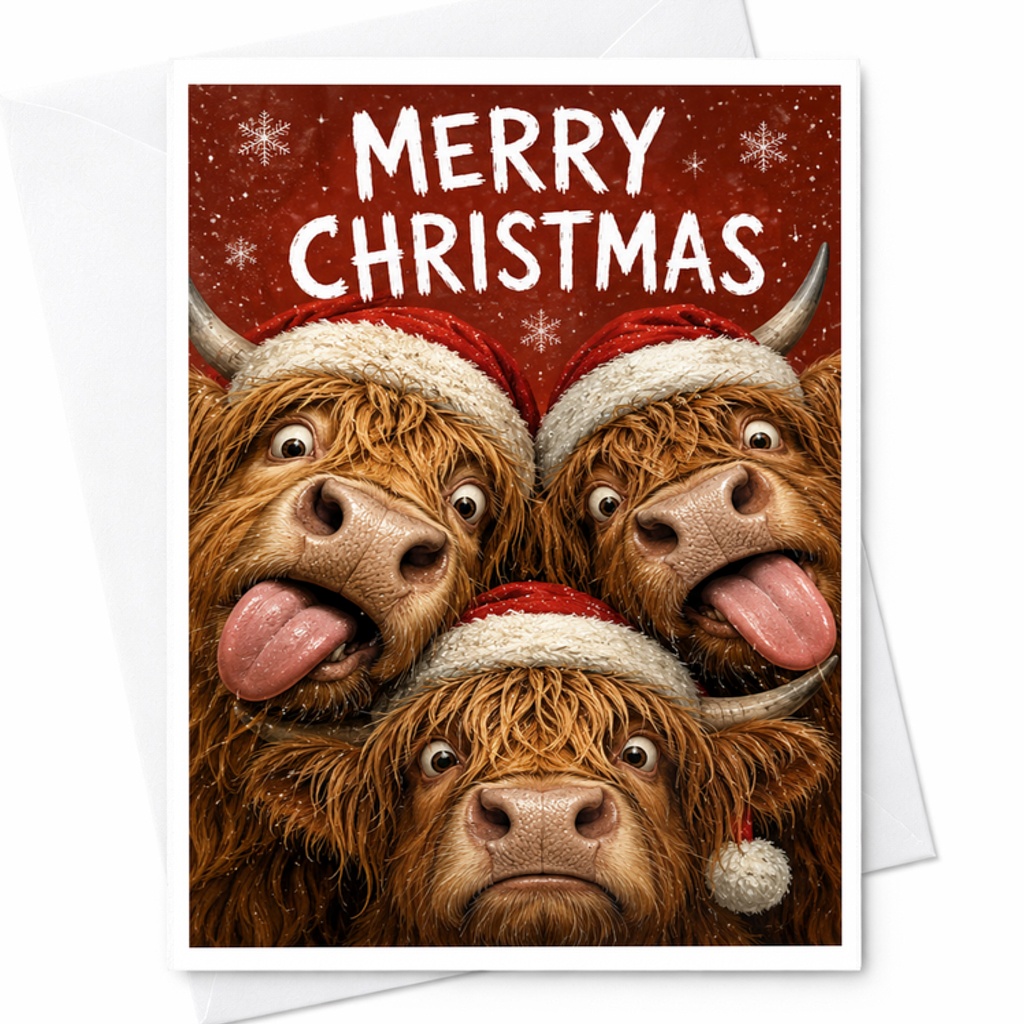 Merry Christmas Funny Greeting Card Cute Highland Cows Holiday Card For Family Friends With Santa Hats And Snowflakes C2697