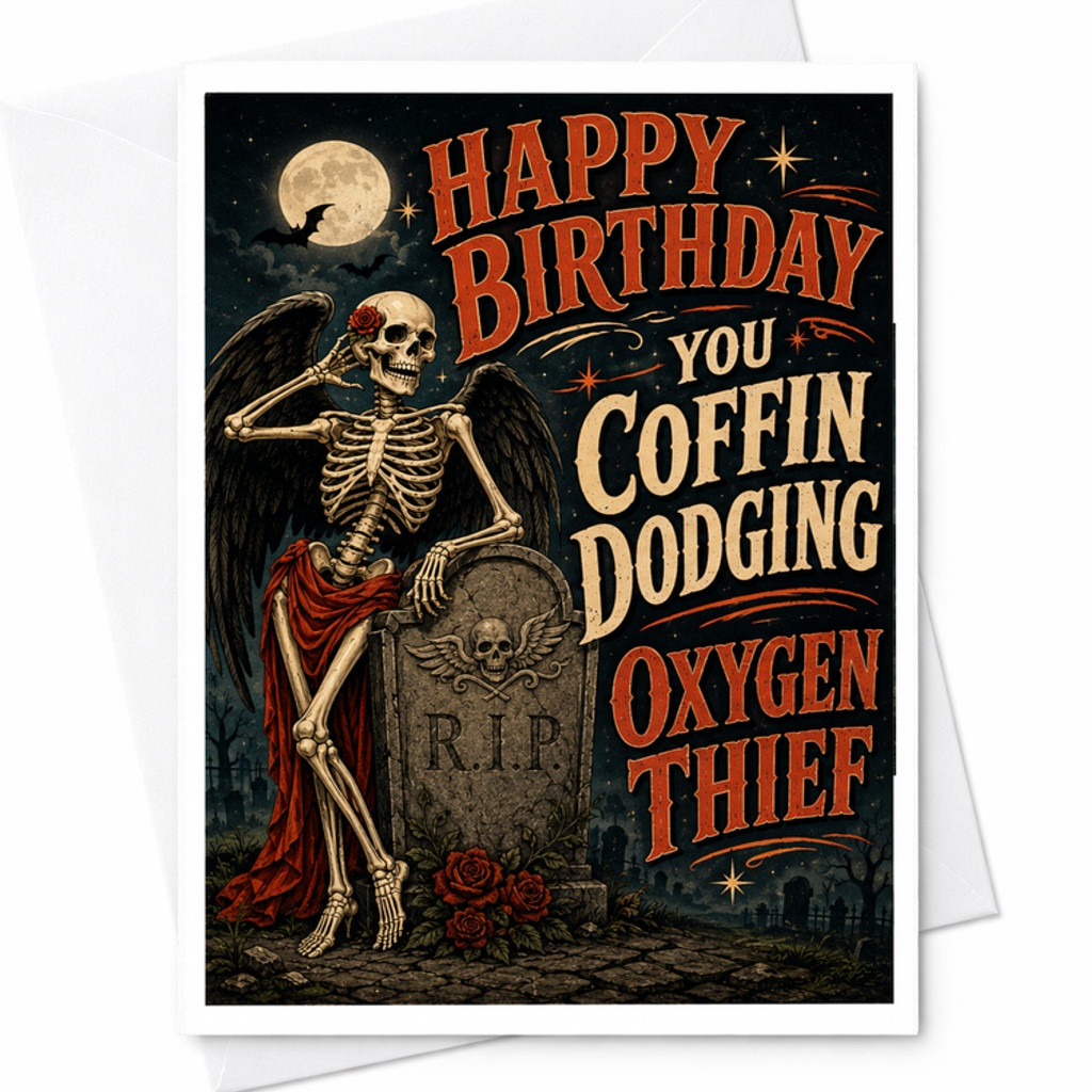 Happy Birthday You Coffin Dodging Oxygen Thief Gothic Skeleton Birthday Card Funny Halloween Card For Friends Family Colleagues C2699