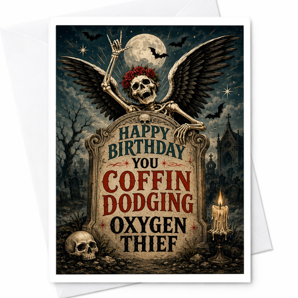 Happy Birthday You Coffin Dodging Oxygen Thief Gothic Vampire Birthday Card Funny Dark Skeleton Bats Halloween Theme C2700