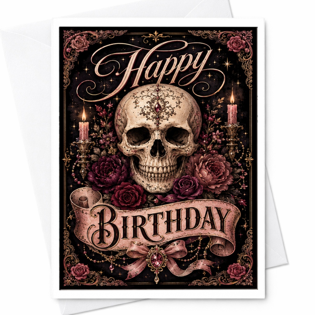Happy Birthday Gothic Skull Card Unique Birthday Card For Friends Halloween Birthday Card With Roses And Candles C2704