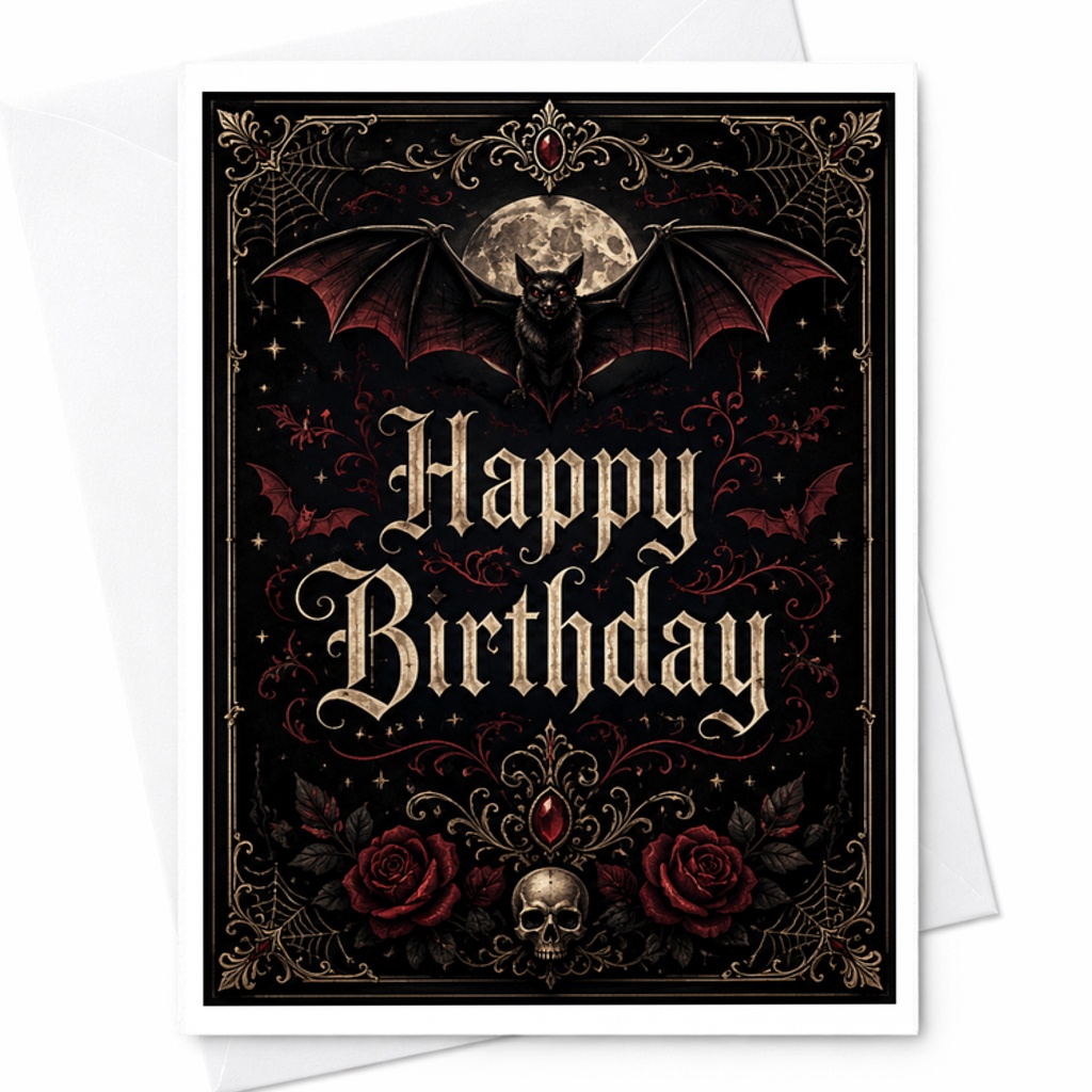 Happy Birthday Gothic Birthday Card Dark Fantasy Bat Roses Skull Unique Halloween Theme Card For Animal Lovers C2714