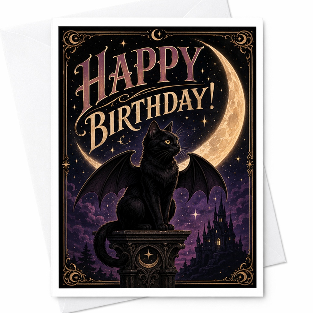 Happy Birthday! Vintage Gothic Cat Birthday Card Spooky Moonlit Night Illustration Witchy Occult Theme For Cat Lovers C2718