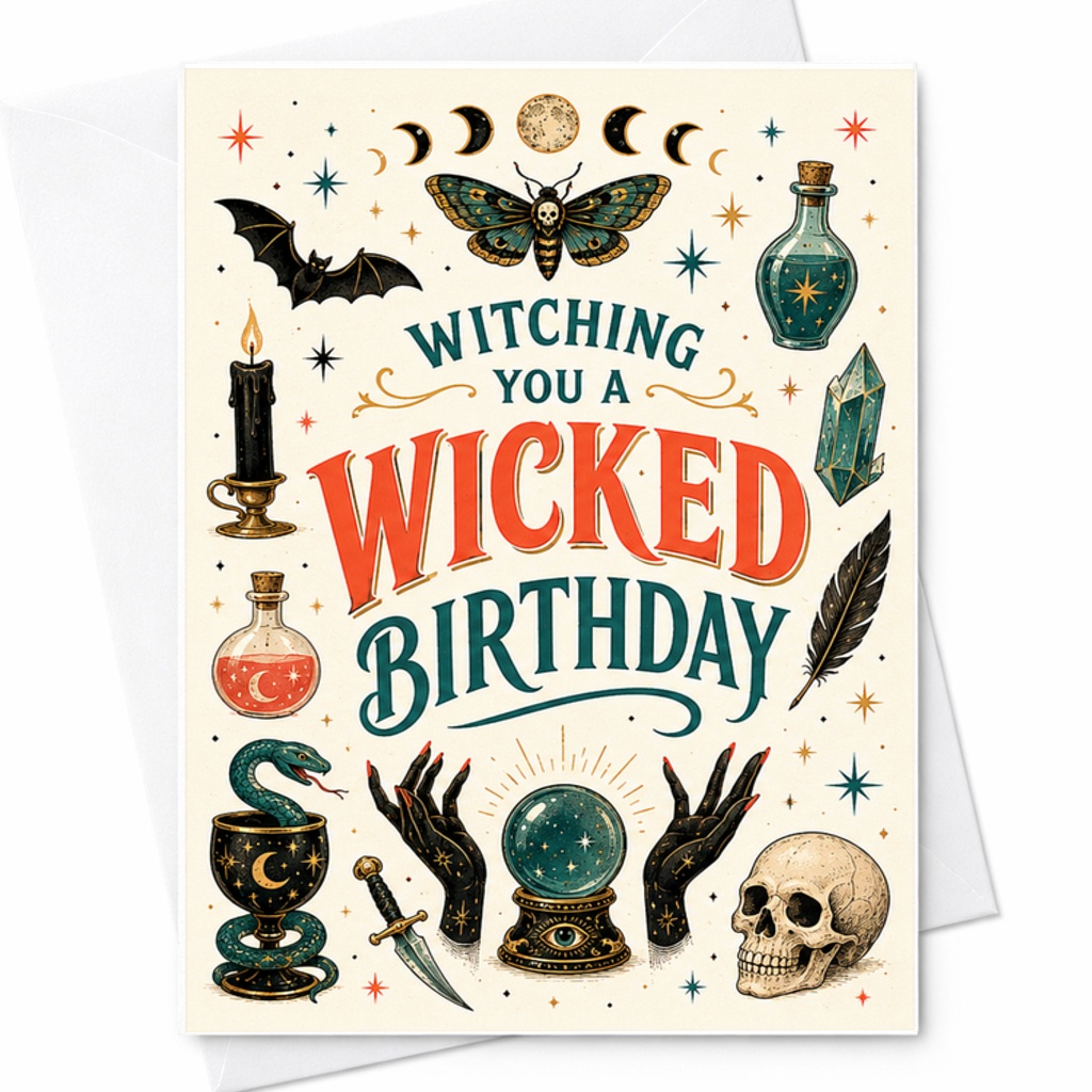Witching You A Wicked Birthday Card Halloween Theme Spooky Birthday Card For Friends Unique Occult With Vintage Style C2715