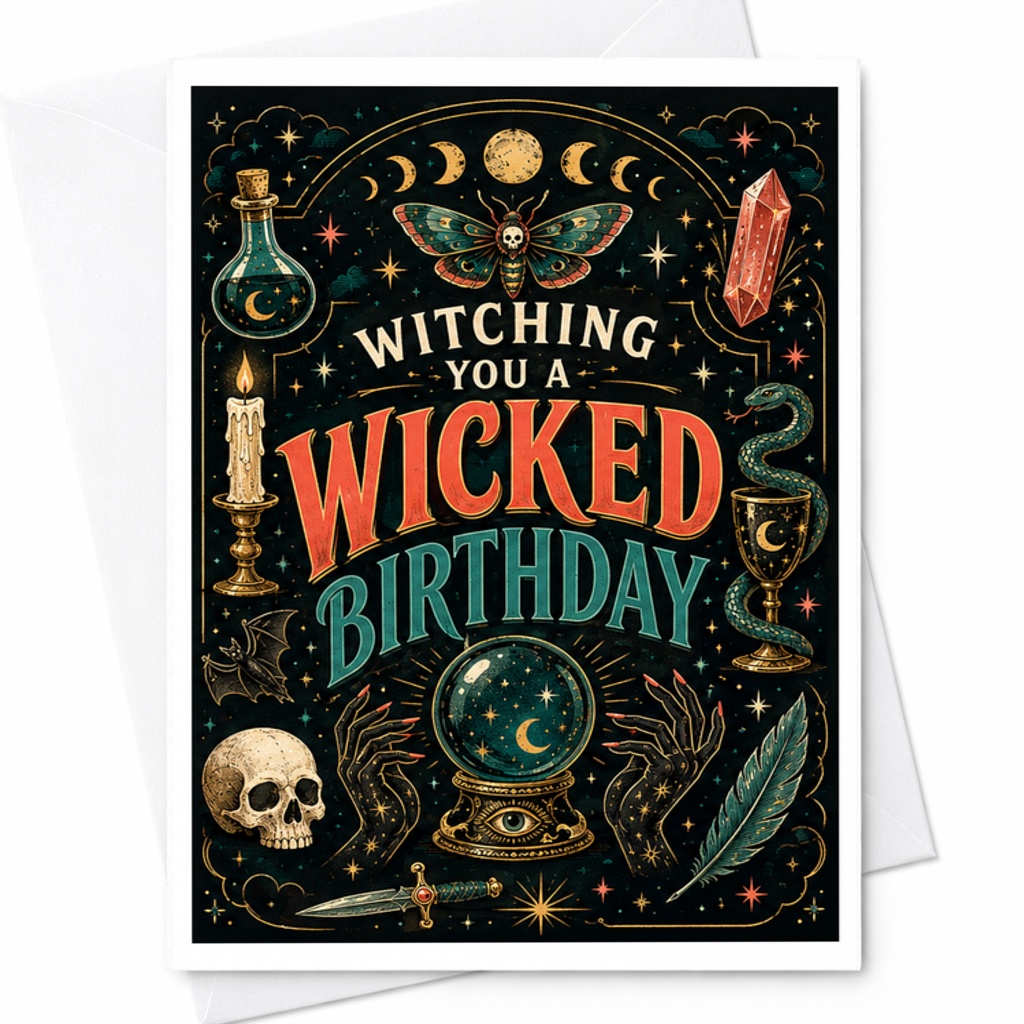 Witching You A Wicked Birthday Halloween Birthday Card Spooky Witch Theme Skull Crystal Ball Fun Celebration Greeting Card C2716