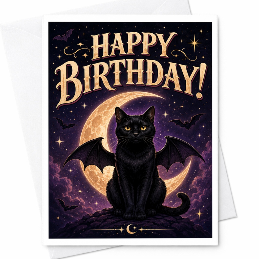 Happy Birthday! Halloween Birthday Card Black Cat With Bat Wings Moon Spooky Cute Birthday Card For Cat Lovers C2717