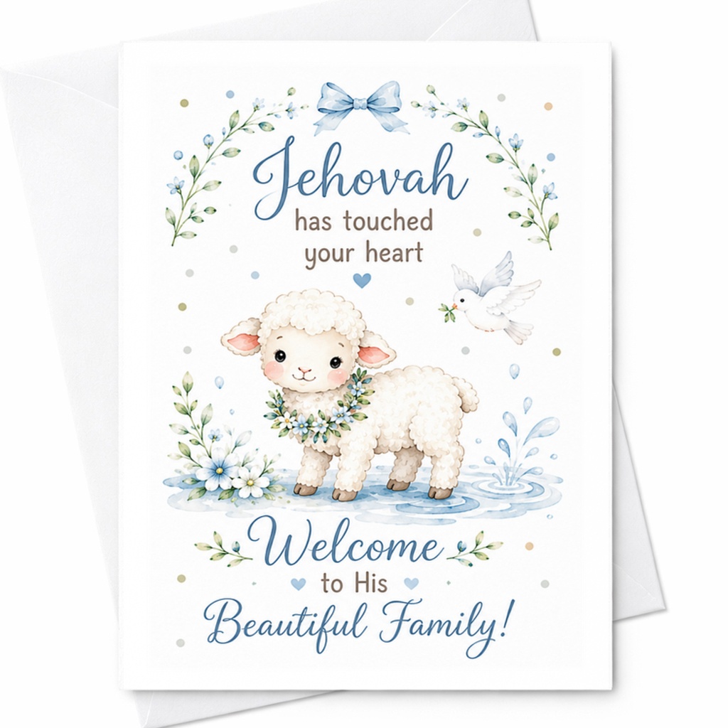 Jehovah Has Touched Your Heart Welcome To His Beautiful Family Baptism Card Religious Celebration Blue Flowers Dove C2724