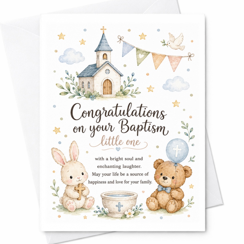 Congratulations On Your Baptism Little One Baptism Card Cute Baby Baptism Celebration Card For Newborns With Sweet Illustrations C2728